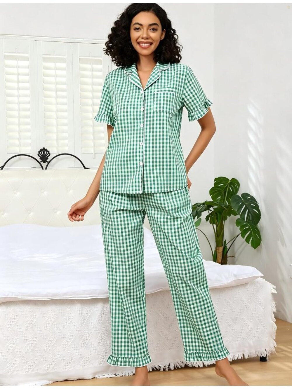 Women's Green Cotton Button Down Shirt Sleepwear 2 Piece Pajamas Set - Picture 2 of 7